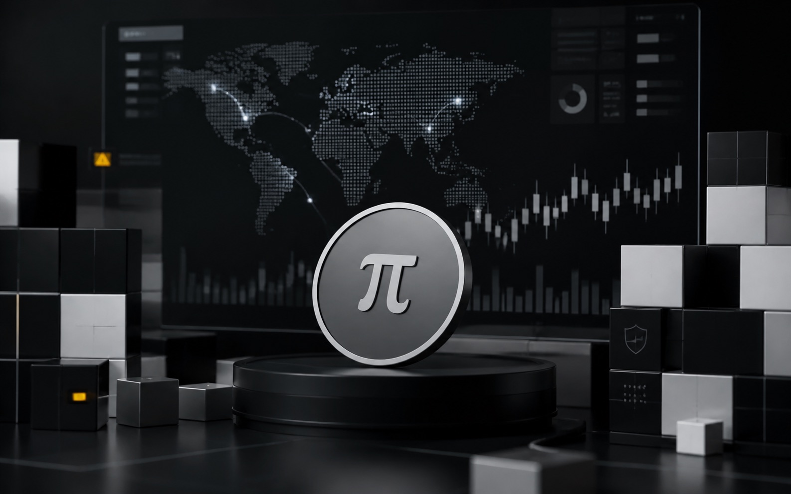 VerdictLab editorial illustration of Pi Network on a global digital-asset exchange interface