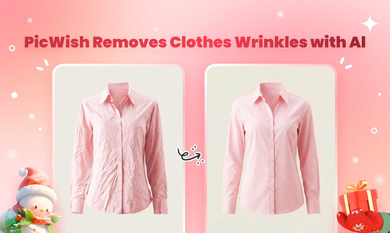 PicWish AI smoothing wrinkles on a pink shirt