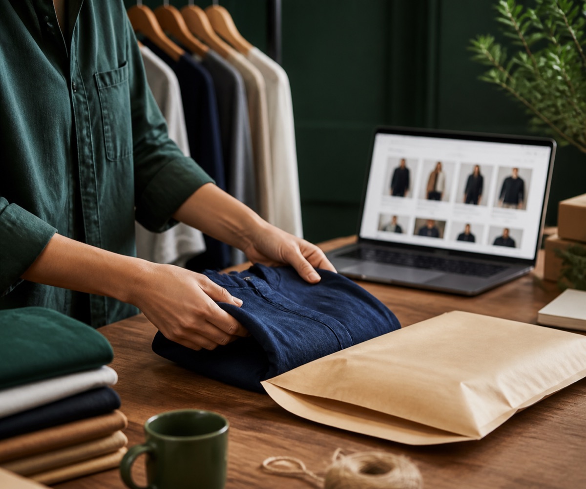 Editorial image of a small online merchant preparing a clothing order